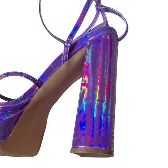 Vivianly Holographic Purple Iridescent Strappy Platform Sandals Heels sz 9 Disco - Picture 4 of 8